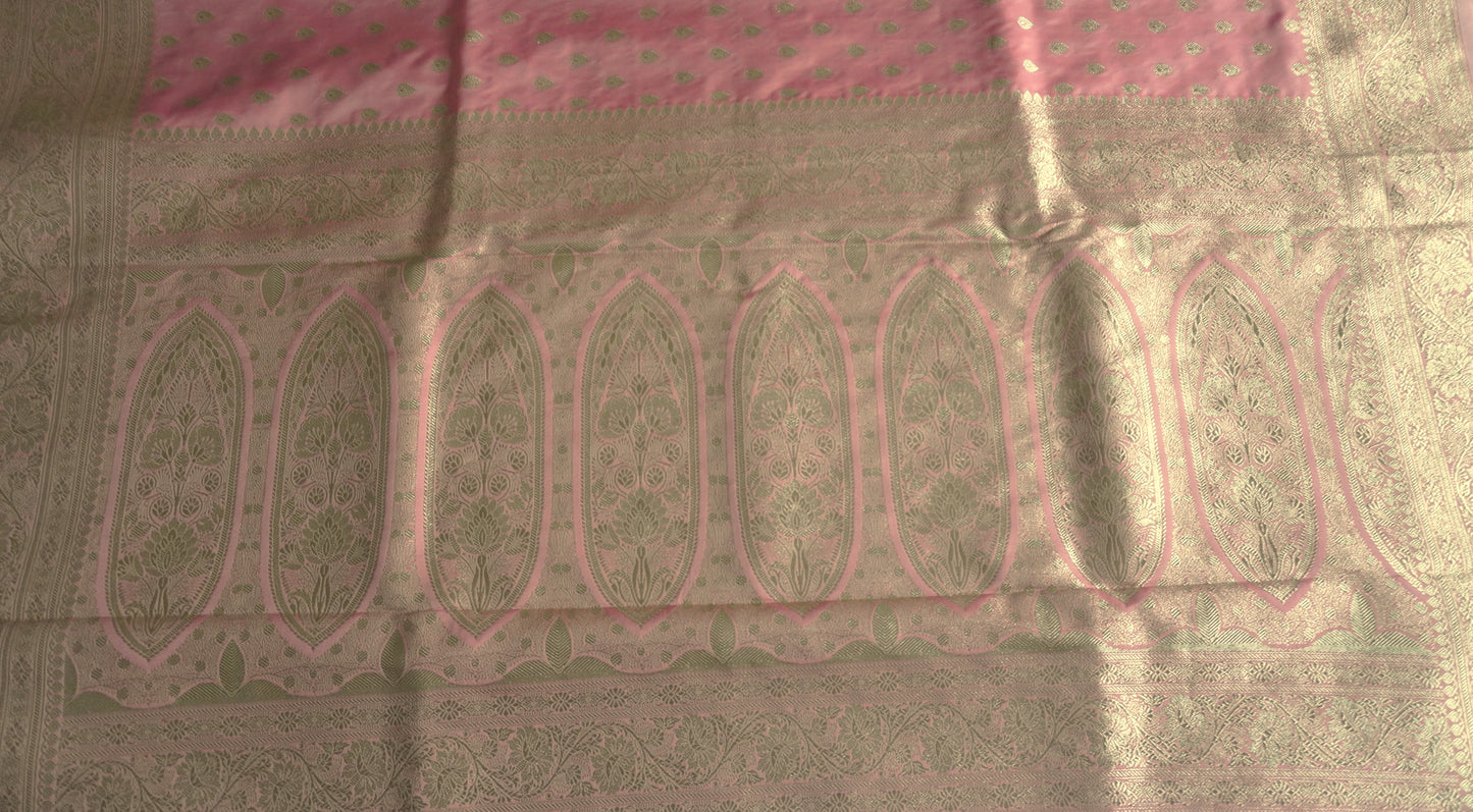 Beautiful Satin Banarasi Lotus pink saree | Golden zari | All over Butta | Sattva Weaves Sari | Free Shipping USA
