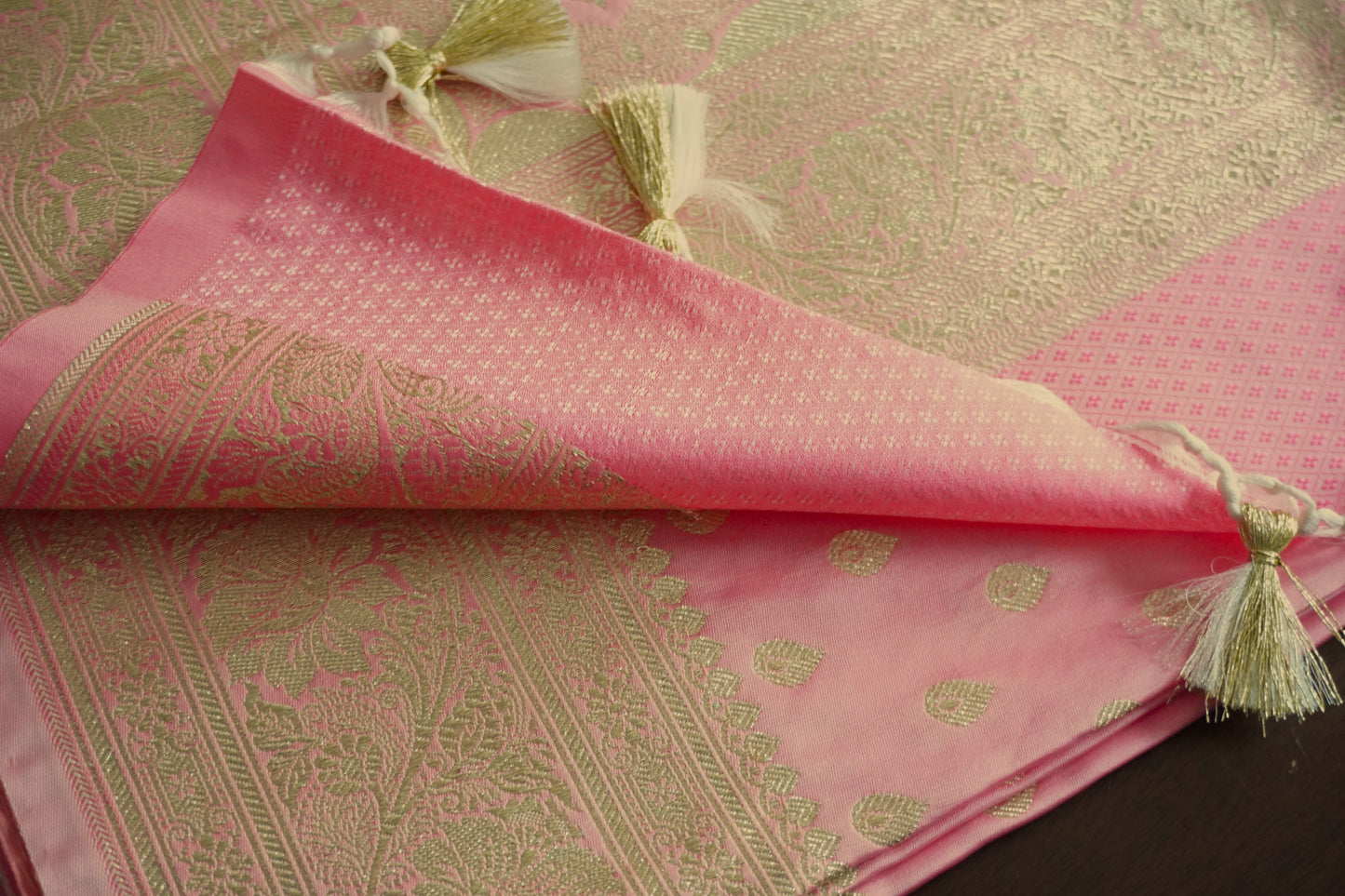 Beautiful Satin Banarasi Lotus pink saree | Golden zari | All over Butta | Sattva Weaves Sari | Free Shipping USA