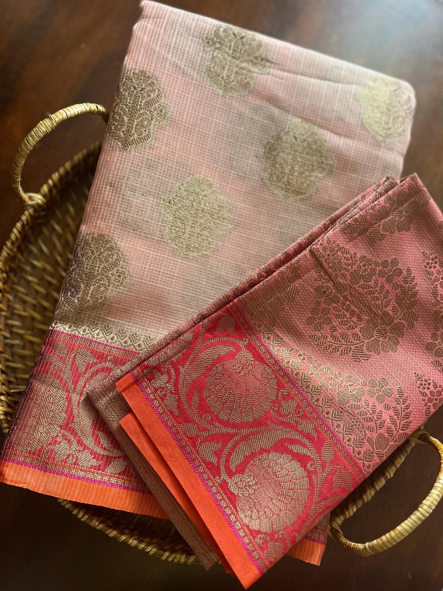 Kota Checks Banarasi Cotton Rich Handwoven Zari Butta Saree | Peach Saree | Benarasi | Sattva Weaves Sari | USA