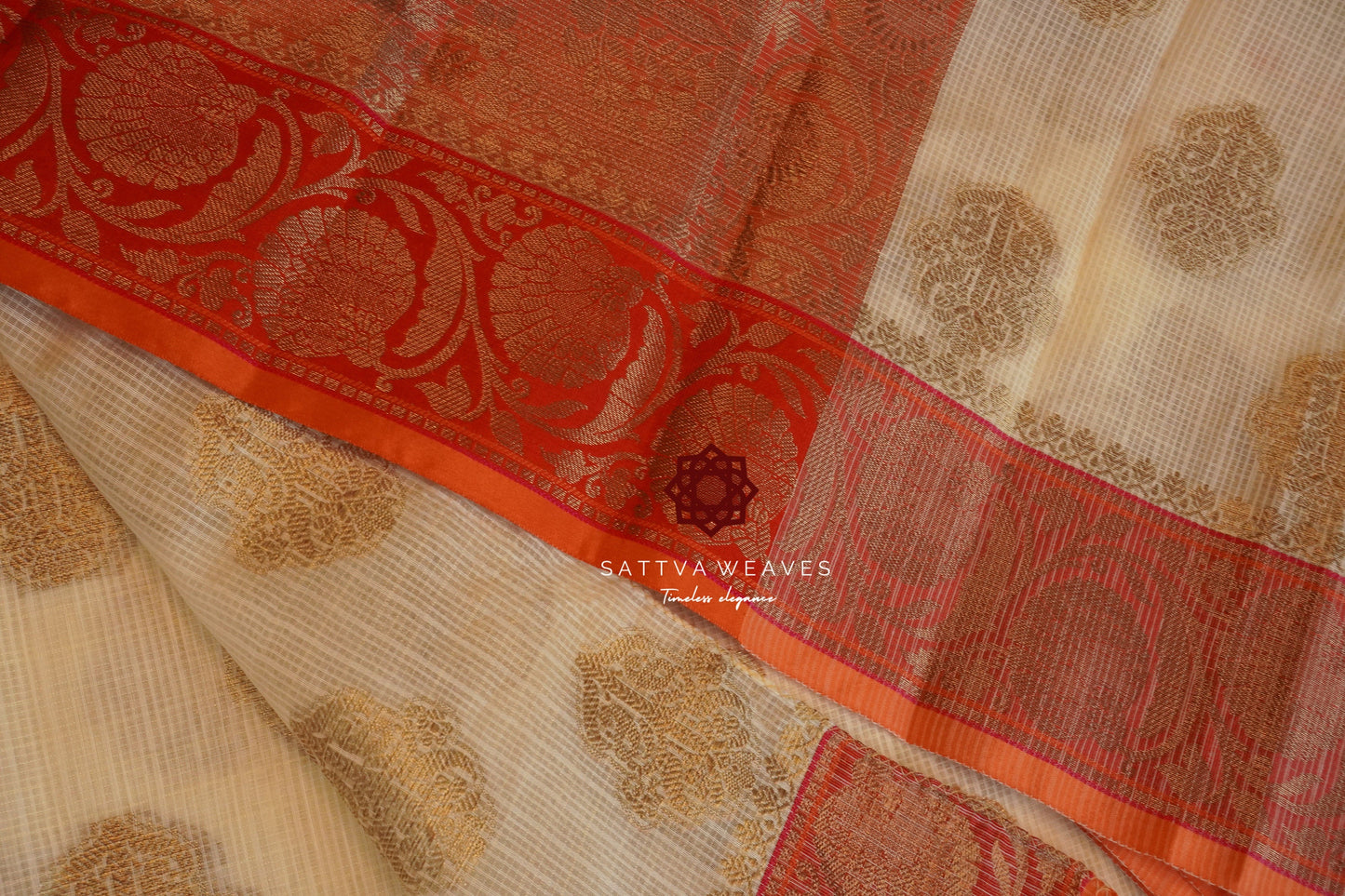 Kota Checks Banarasi Cotton Rich Handwoven Zari Butta Saree | Offwhite Saree | Benarasi | Sattva Weaves Sari | USA