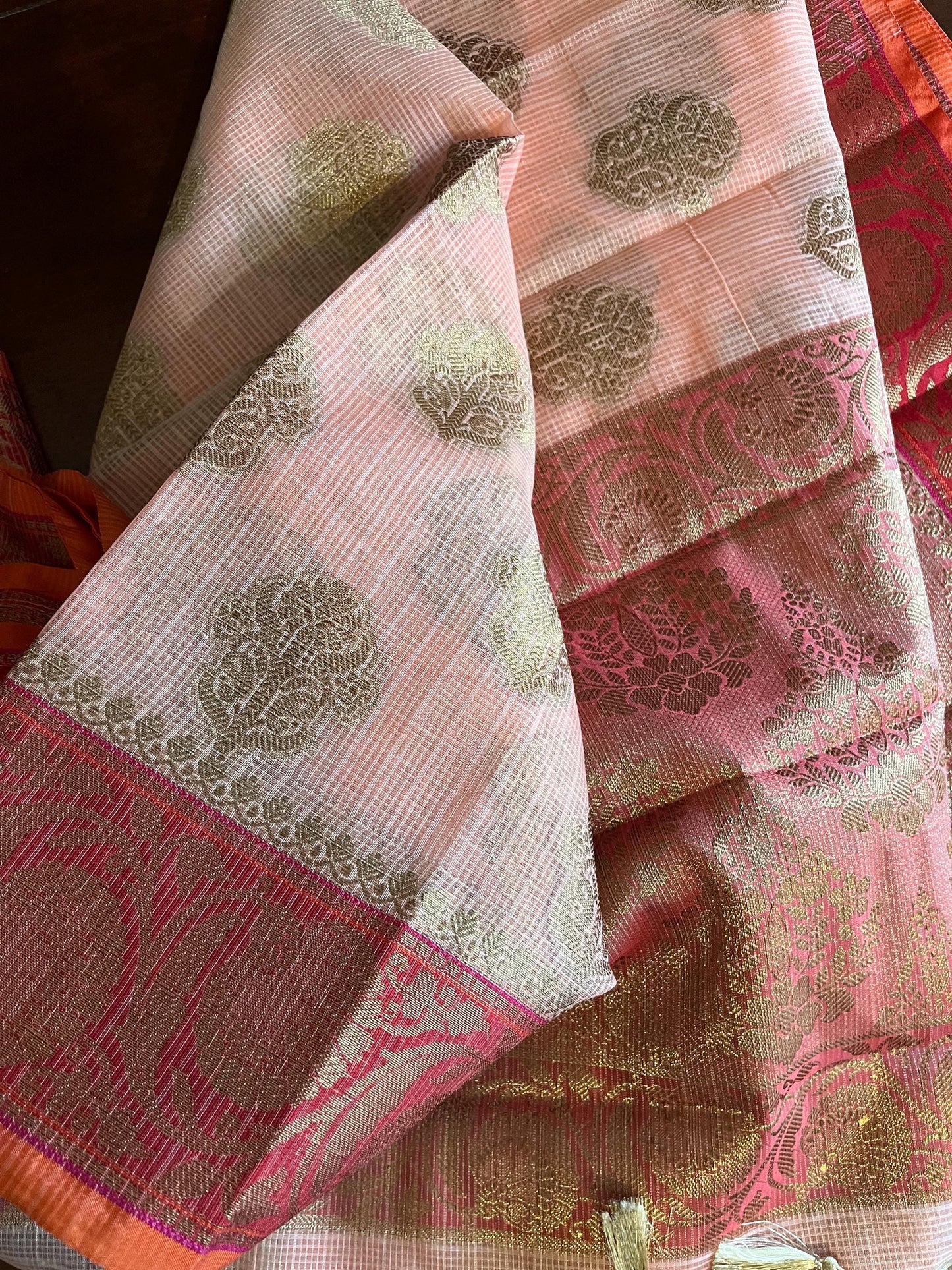 Kota Checks Banarasi Cotton Rich Handwoven Zari Butta Saree | Peach Saree | Benarasi | Sattva Weaves Sari | USA