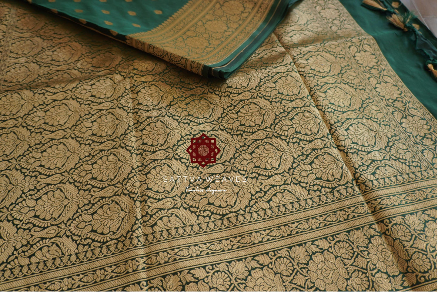 Beautiful Satin Banarasi Dark Green saree | Golden zari | All over Butta | Sattva Weaves Sari | Free Shipping USA