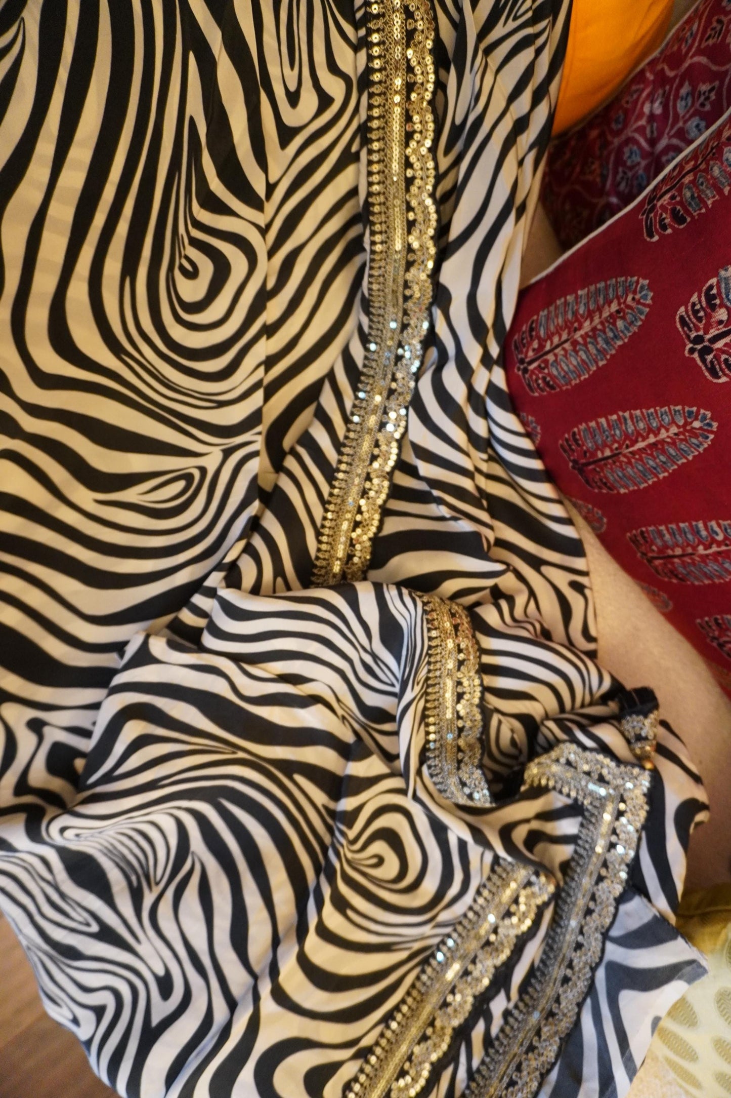 Party wear Crepe saree | contemporary print and embroidery | Zebra Print | Indian Sari | Light Weight Sari | Bollywood | Sattva Weaves | USA