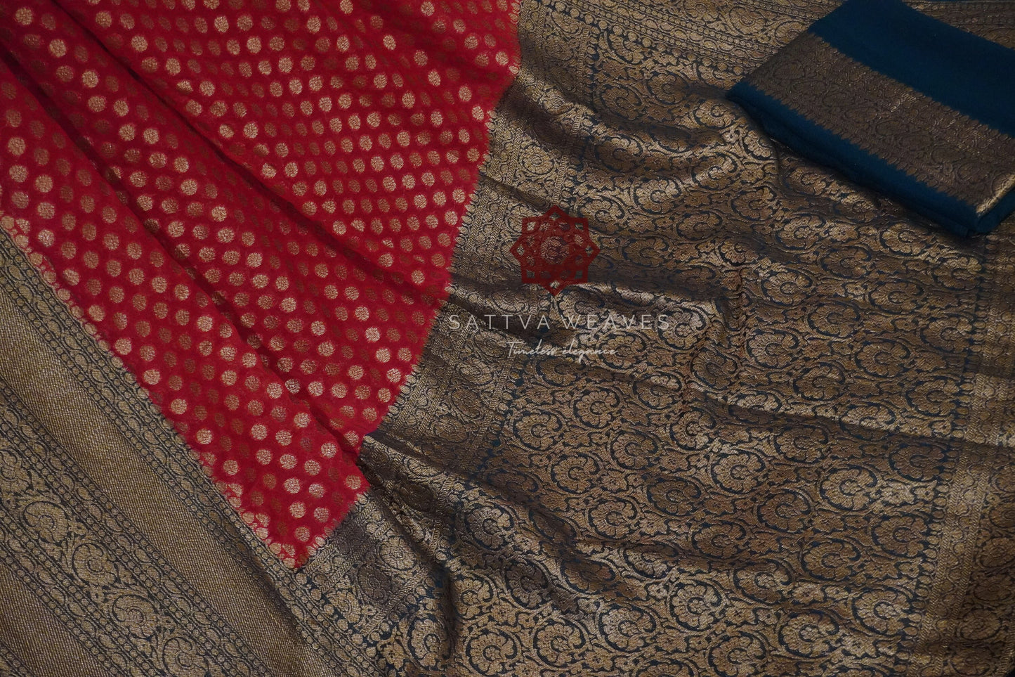 Big Border Pure Silk Georgette Authentic Khaddi Banarasi Saree | Red Teal Blue | Zari Buttas | Bridal Wedding | Sattva Weaves Ships from USA