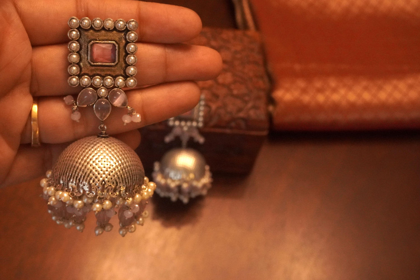 Big Jhumka Silver look alike Earrings | Pink Stone | Indian Jewelry | Handmade Jewelry | Sattva Weaves | Ships from USA