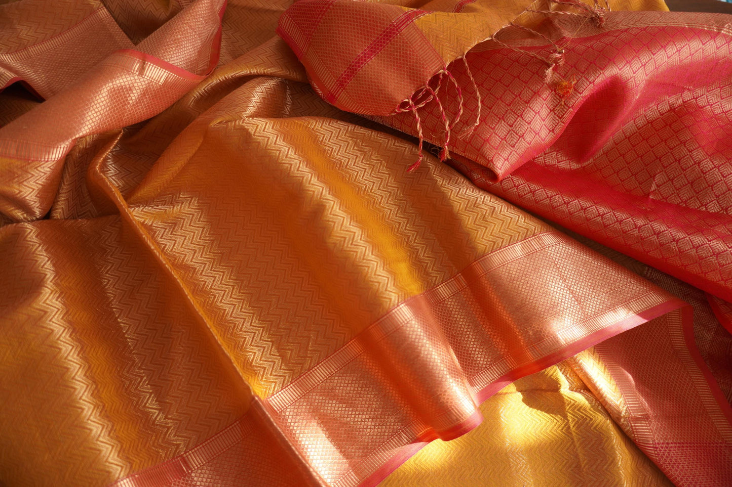 Pure Silk Tissue Maheshwari Leheriya Jaal brocade Saree | Brocade Blouse | Yellow & Rani Pink Contemporary | Handloom Sattva Weaves | USA