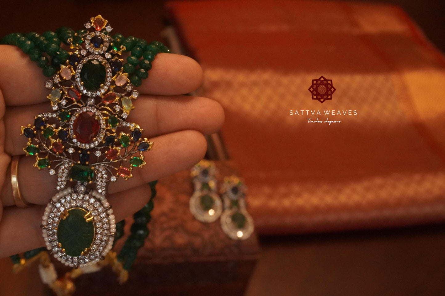 Premium Sabyasachi inspired necklace set | Multicolored Stones | Party jewelry | Handmade | Sattva Weaves | Ships from USA