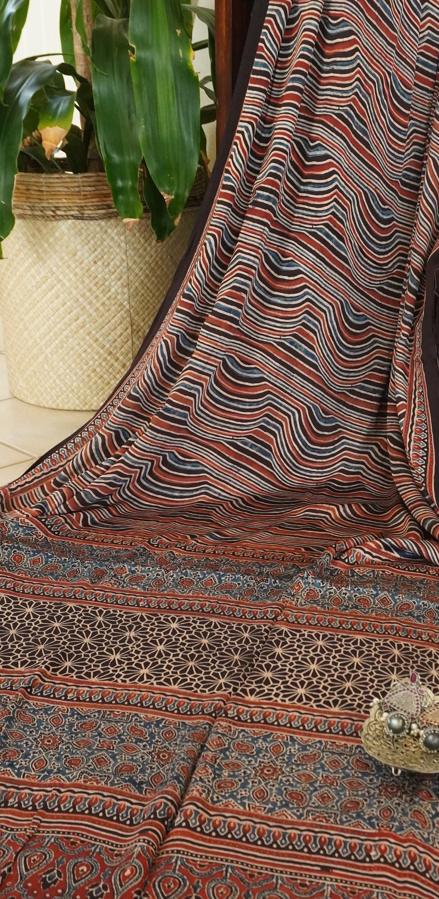 Hand block printed Ajrakh Modal Silk Saree | Leheriya | Earthy Colors | Natural Dyes | Sattva Weaves Sari | Ships from USA