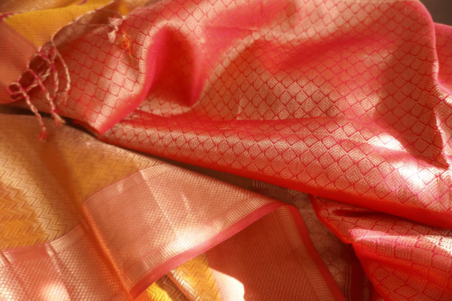Pure Silk Tissue Maheshwari Leheriya Jaal brocade Saree | Brocade Blouse | Yellow & Rani Pink Contemporary | Handloom Sattva Weaves | USA