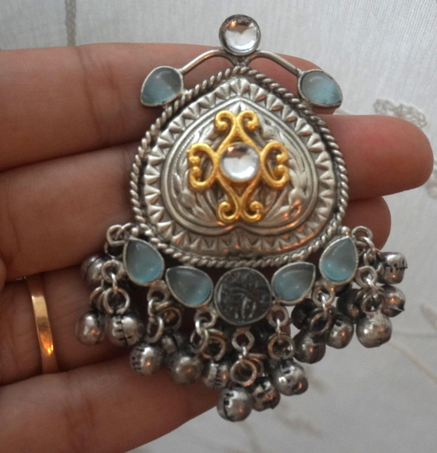 Silver look alike Earrings with Gold fusion | Light Blue Stone | Indian Jewelry | Handmade Jewelry | Sattva Weaves | Ships from USA
