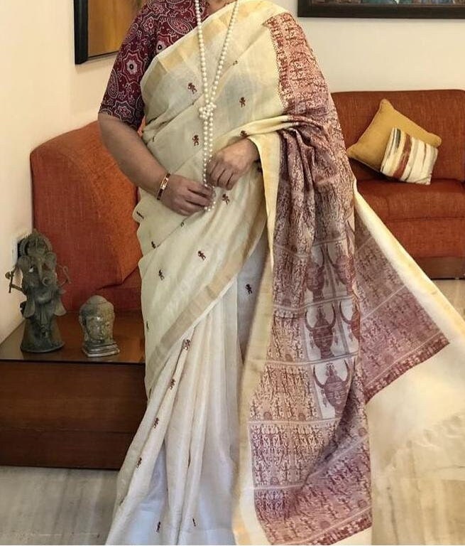 Pure Kosa Tussar Silk Saree | 100% Pure Silk Handloom | Sattva Weaves Sari | Beige & Maroon | Ships from USA