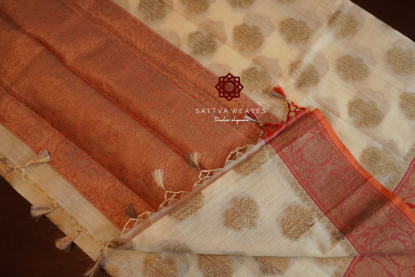 Kota Checks Banarasi Cotton Rich Handwoven Zari Butta Saree | Offwhite Saree | Benarasi | Sattva Weaves Sari | USA