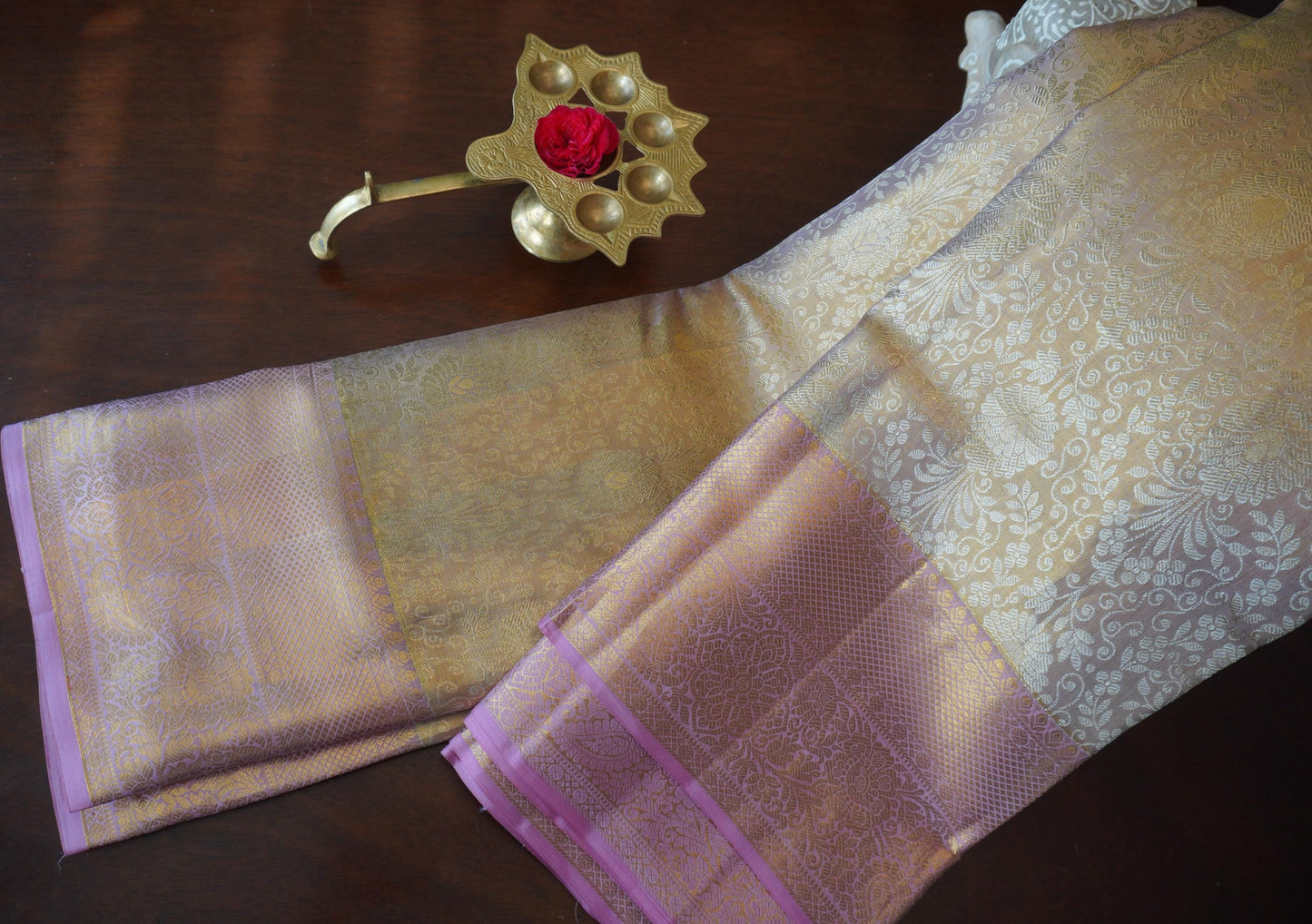 Golden Pure Silk Tissue Kanjeewaram Brocade | Pure Silk saree | Bridal | Wedding | Pastels | Contemporary Sari | Festive | Sattva Weaves | USA