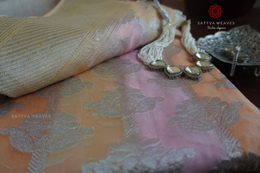 Rung Kaat Pure Silk Georgette Benarasi Khaddi Saree | Peach Pink Orange | Silver Zari | Wedding | Sattva Weaves | USA