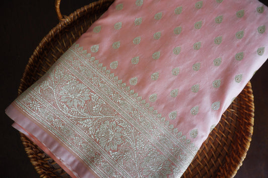 Beautiful Satin Banarasi Peachish pink saree | Golden zari | All over Butta | Sattva Weaves Sari | Free Shipping USA