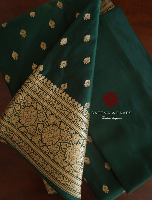 Beautiful Satin Banarasi Dark Green saree | Golden zari | All over Butta | Sattva Weaves Sari | Free Shipping USA