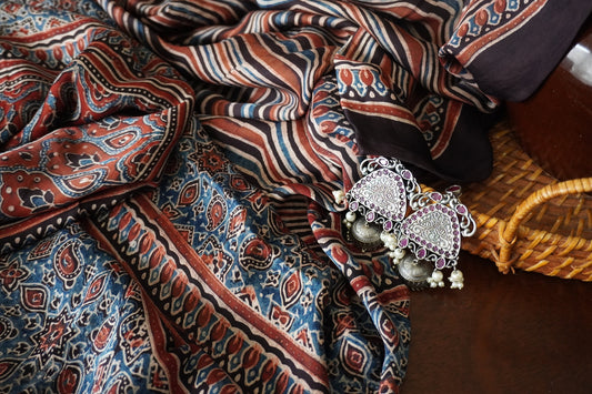 Hand block printed Ajrakh Modal Silk Saree | Leheriya | Earthy Colors | Natural Dyes | Sattva Weaves Sari | Ships from USA