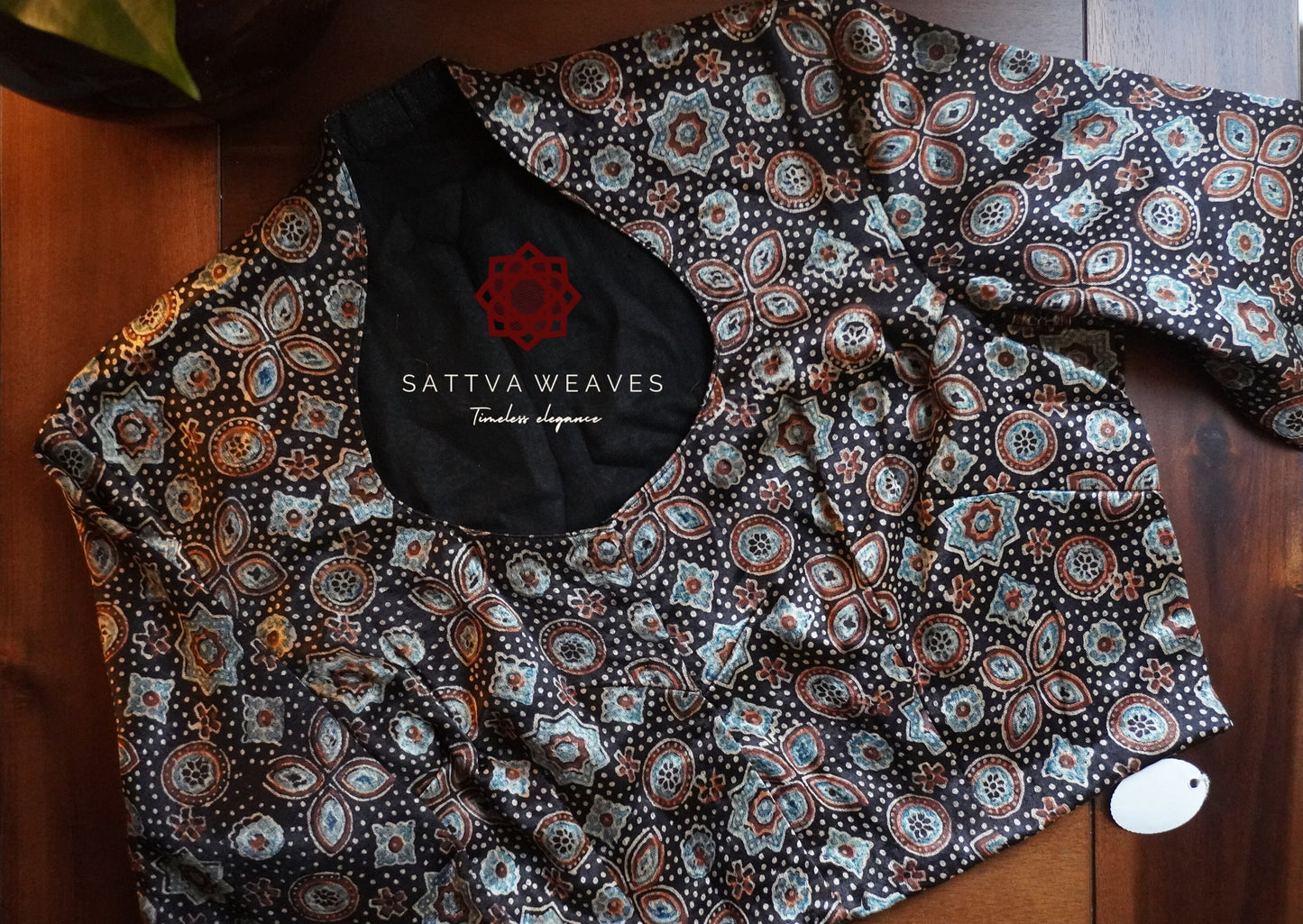Modal Silk Ajrakh Mashru Handblock printed blouse | Ready Made | Size 38-42 | Black | Sattva Weaves | Ships from USA | Free Shipping