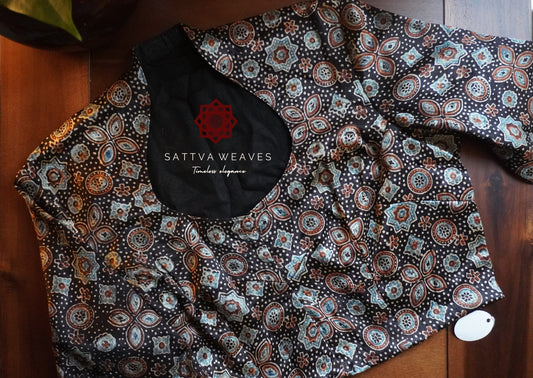 Modal Silk Ajrakh Mashru Handblock printed blouse | Ready Made | Size 38-42 | Black | Sattva Weaves | Ships from USA | Free Shipping