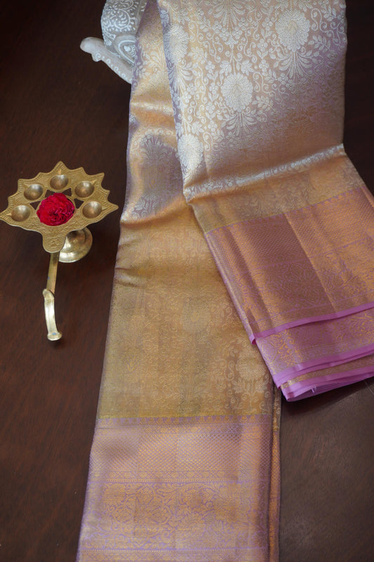 Golden Pure Silk Tissue Kanjeewaram Brocade | Pure Silk saree | Bridal | Wedding | Pastels | Contemporary Sari | Festive | Sattva Weaves | USA