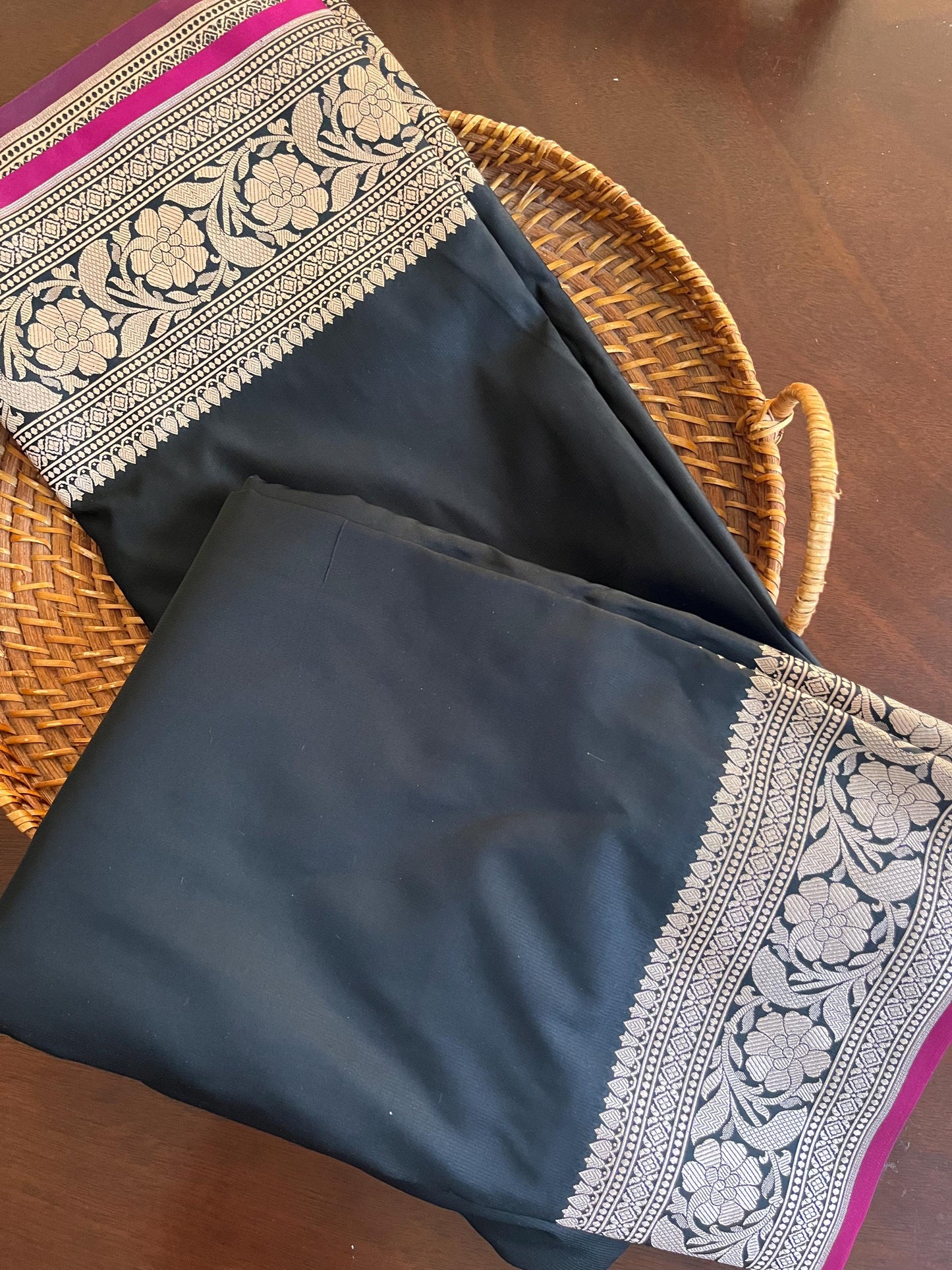 Beautiful Satin Banarasi Black with Magenta kinari saree | Light copper zari | Plain Body | Sattva Weaves Sari | Free Shipping USA