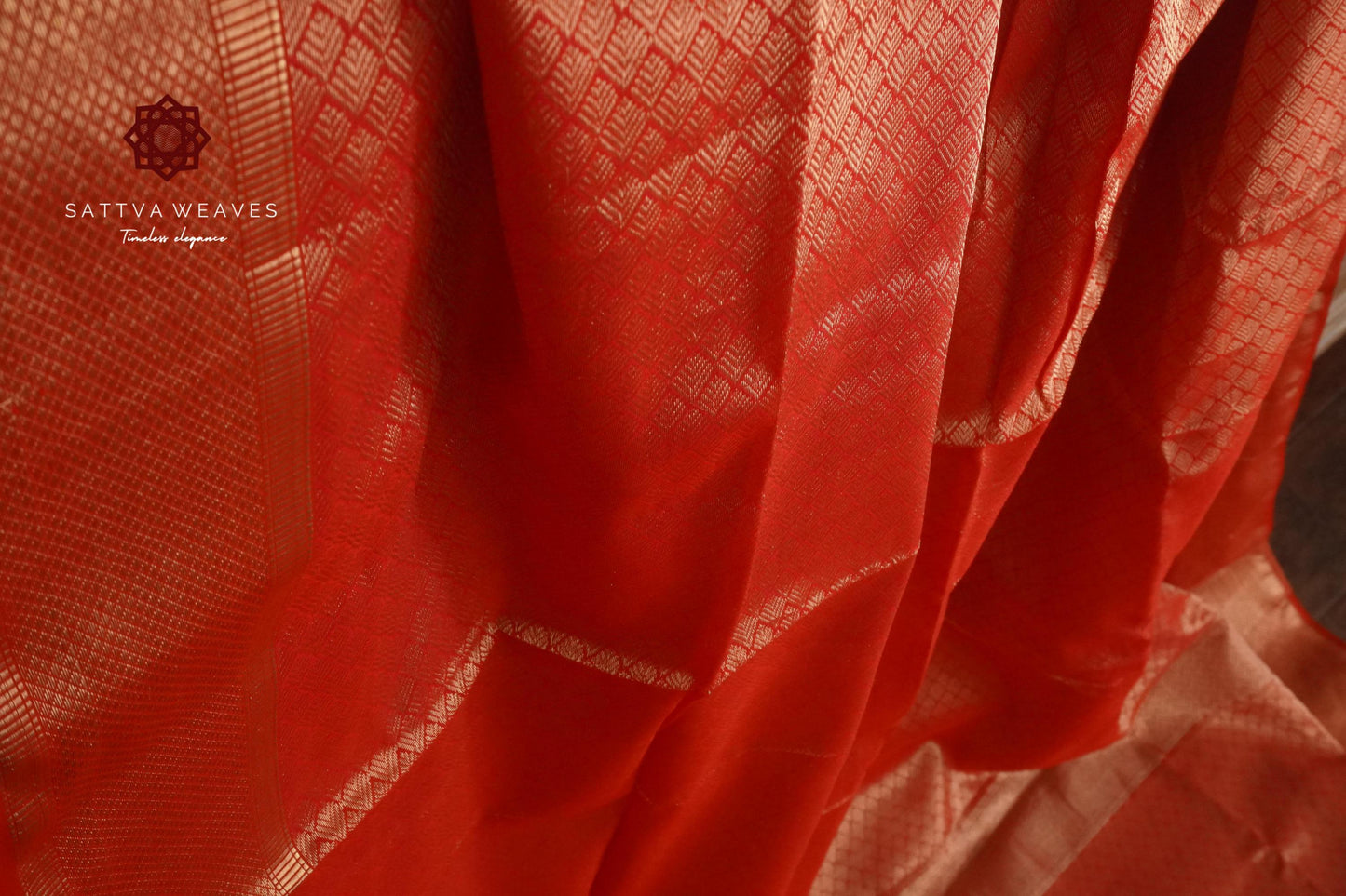 Pure Silk Tissue Maheshwari Jaal | Leaf Brocade | Saree |  Brocade Blouse | Red Contemporary Sari | Bridal Handloom Sattva Weaves Sari | USA