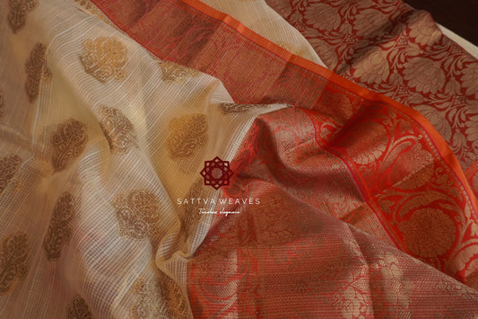 Kota Checks Banarasi Cotton Rich Handwoven Zari Butta Saree | Offwhite Saree | Benarasi | Sattva Weaves Sari | USA
