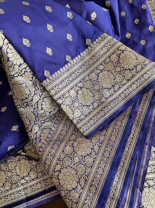Beautiful Satin Banarasi Purplish Blue saree | Golden zari | All over Butta | Sattva Weaves Sari | Free Shipping USA