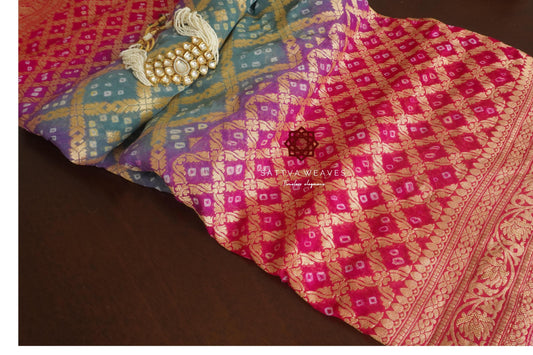 Bandhej Banarasi Khaddi Georgette Saree | Blue Magenta Pink Ombre | Indian Sari |  Festive | Wedding | Sattva Weaves | USA
