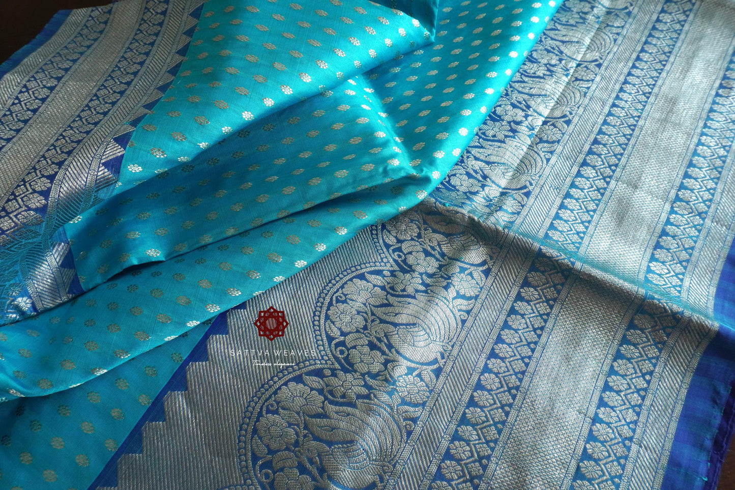 Pure Silk Allover Zari Butta Saree | Dark Blue with Pink combination | Silver Zari | Handloom | Venkatagiri | Wedding | Party | Sattva Weaves Sari | USA