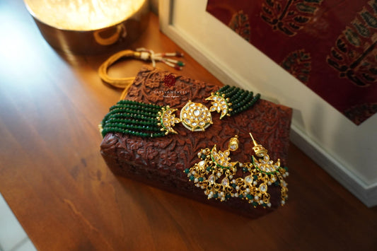 Beautiful choker green beads kundan meenakari necklace set with hanging earrings | Handmade Jewelry | Sattva Weaves | Ships from USA