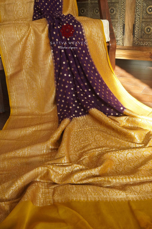 Authentic Khaddi Pure Silk Georgette Banarasi Saree | Big Border | Deep Purple Mustard Yellow | Antique Zari | Wedding | Sattva Weaves | USA