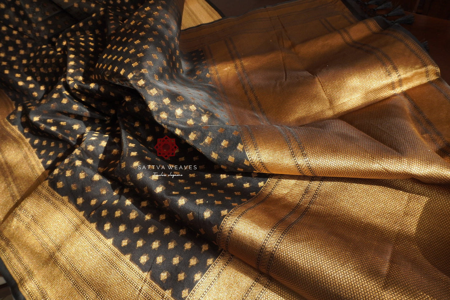 Banarasi Pure Silk Organza Kora Sari | Sheer | Handcrafted | Black and Gold saree | Golden Zari | Handloom | Sattva Weaves | USA