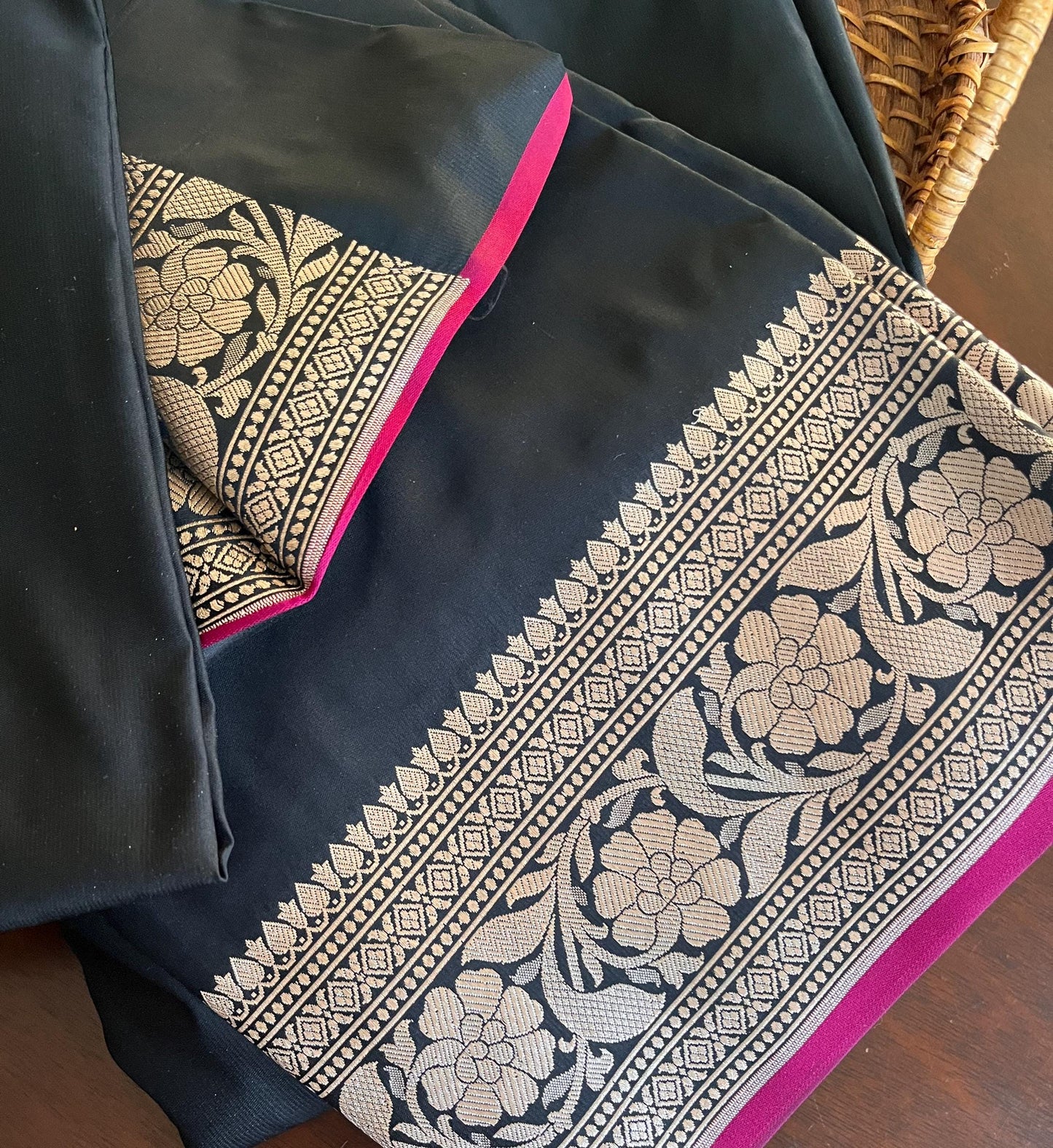 Beautiful Satin Banarasi Black with Magenta kinari saree | Light copper zari | Plain Body | Sattva Weaves Sari | Free Shipping USA