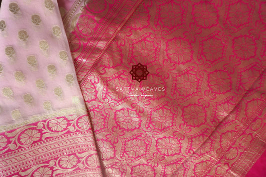 Banarasi Pure Silk Georgette Khaddi Saree | Baby Pink | Small Buttis | Easy Drape | Wedding | Mothers Day | Sattva Weaves Sari | USA