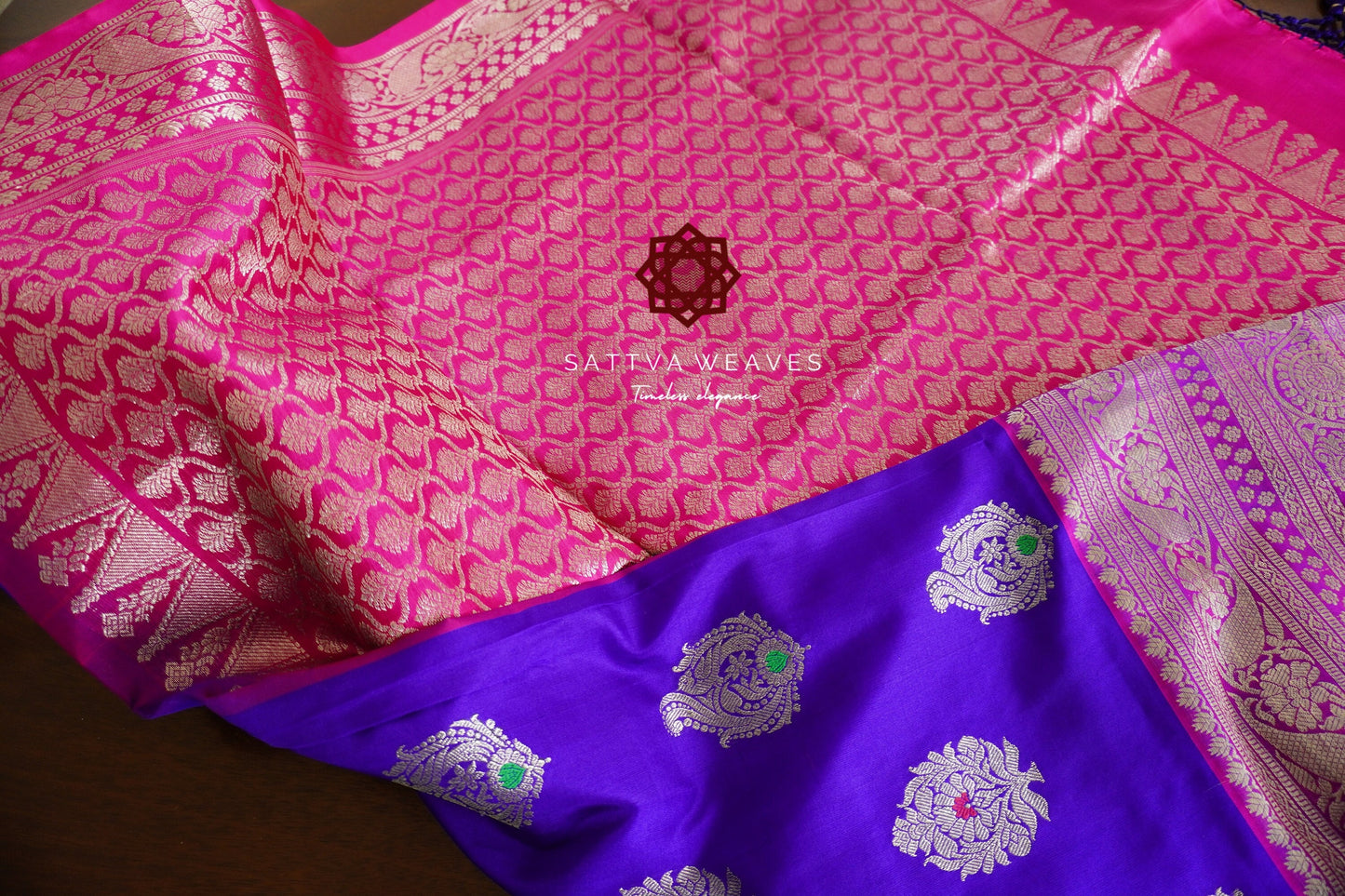 Pure Silk Venkatagiri Meenakari big border saree | Blue with Pink | Silver Zari | Handloom | Wedding | Party | Sattva Weaves | USA