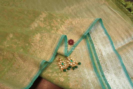 Rich Banarasi Pure Silk Tissue Katan Meenakari Jangla saree | Wedding | Pastel | Pista Green Bridal Sari | Handloom | Sattva Weaves | USA