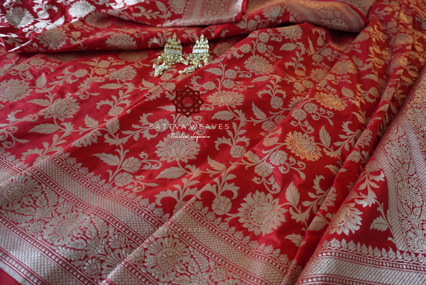 Beautiful Banarasi Pure Silk Katan saree | All over Jaal in golden Zari | Bridal Saree | Red Sari | Handloom | Sattva Weaves Sari | USA