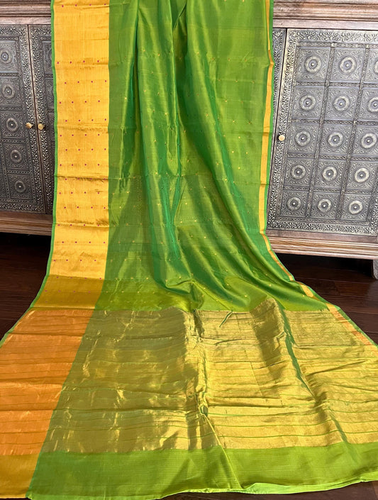 Green & Golden zari Pure SilkCotton Venkatagiri Handloom saree | Green | Sattva Weaves Sari | Ships from USA