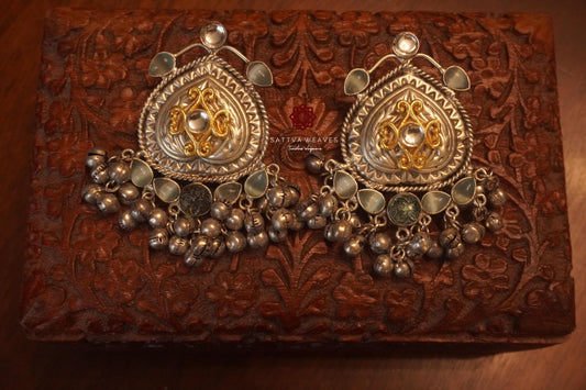 Silver look alike Earrings with Gold fusion | Light Blue Stone | Indian Jewelry | Handmade Jewelry | Sattva Weaves | Ships from USA