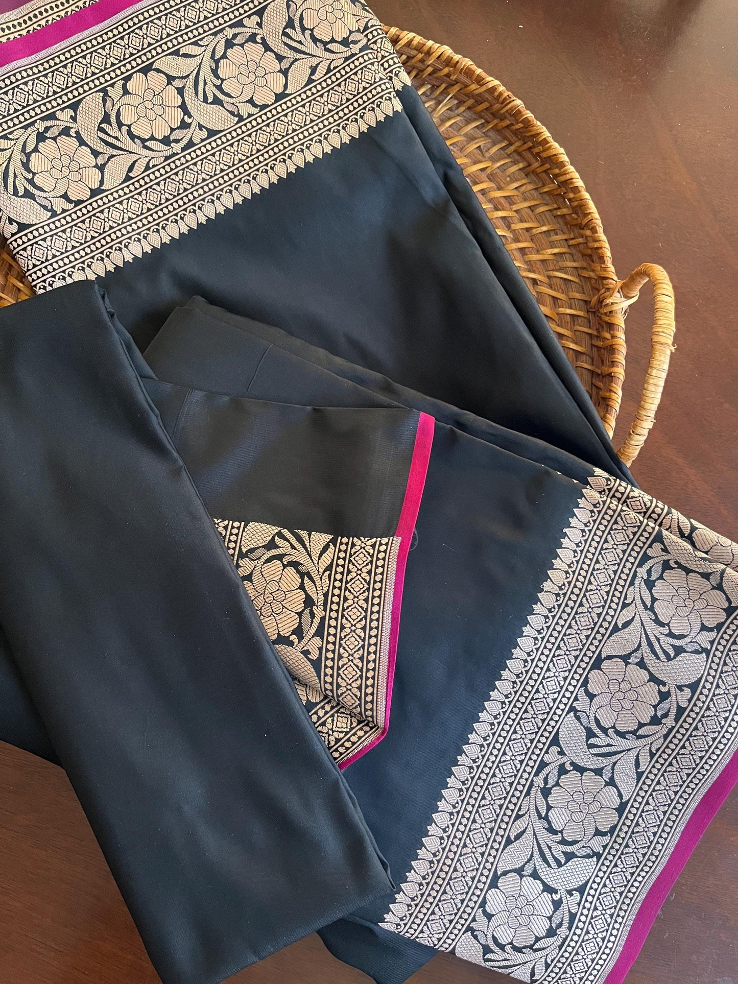 Beautiful Satin Banarasi Black with Magenta kinari saree | Light copper zari | Plain Body | Sattva Weaves Sari | Free Shipping USA