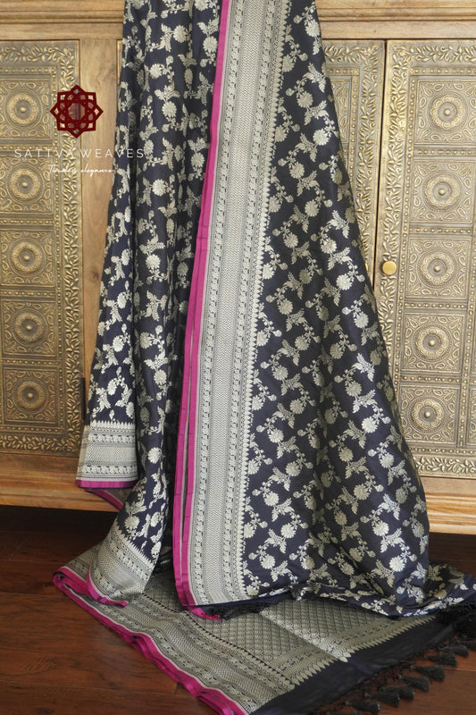 Midnight Navy Blue Banarasi Pure Silk Katan Jaal saree | Magenta Pink Kinari | Jangla | Party | Durga Pooja |  Handloom | Sattva Weaves