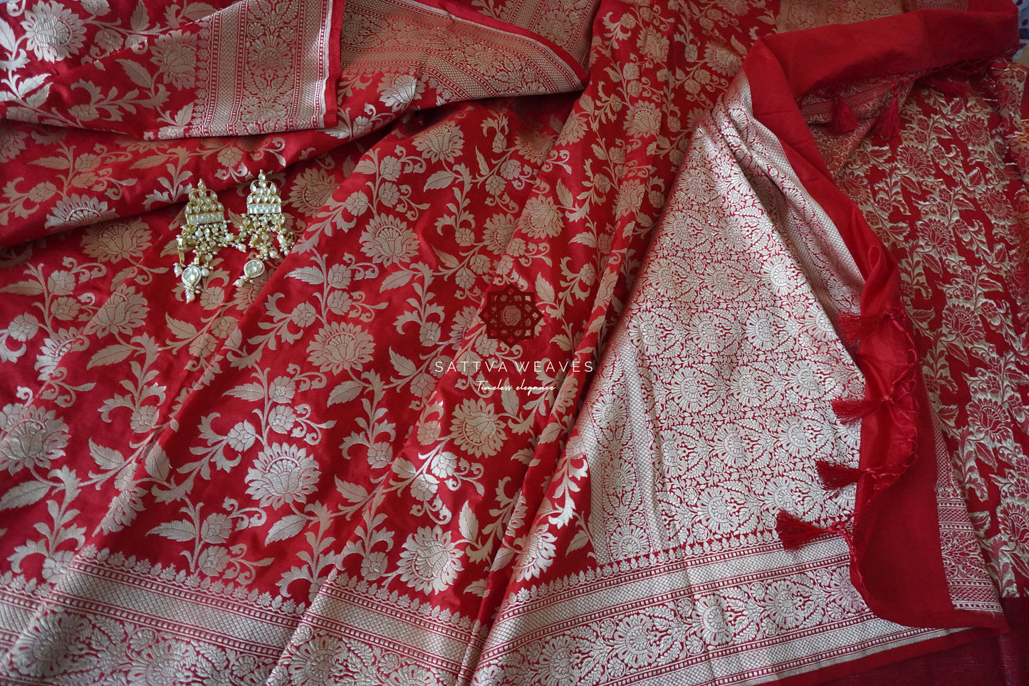 Beautiful Banarasi Pure Silk Katan saree | All over Jaal in golden Zari | Bridal Saree | Red Sari | Handloom | Sattva Weaves Sari | USA