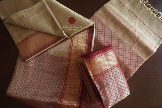 Silk Tissue Handloom Golden Beige & Maroon Maheshwari Leheriya Jaal Saree | Brocade | Contemporary Sari | Sattva Weaves | USA