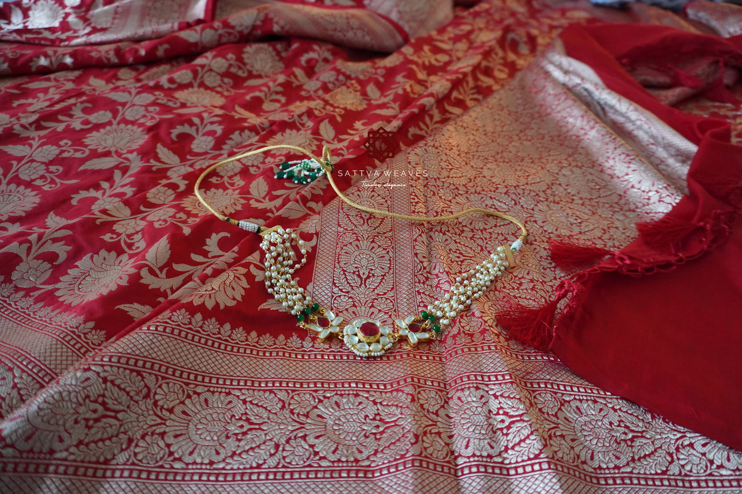 Beautiful Banarasi Pure Silk Katan saree | All over Jaal in golden Zari | Bridal Saree | Red Sari | Handloom | Sattva Weaves Sari | USA
