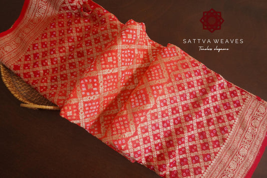 Red & Orange Banarasi Khaddi Georgette Saree | Two Colors | Indian Sari | Karva Chauth Festive | Wedding | Sattva Weaves | USA