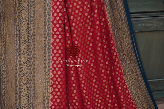 Big Border Pure Silk Georgette Authentic Khaddi Banarasi Saree | Red Teal Blue | Zari Buttas | Bridal Wedding | Sattva Weaves Ships from USA