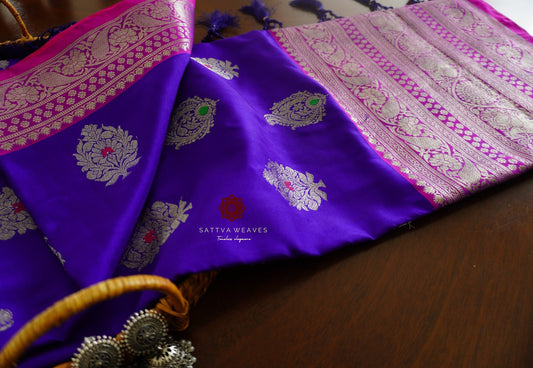 Pure Silk Venkatagiri Meenakari big border saree | Blue with Pink | Silver Zari | Handloom | Wedding | Party | Sattva Weaves | USA