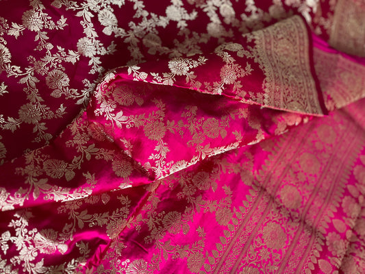 Sabyasachi Inspired Banarasi Pure Silk Satin Mashru Jangla saree | Wedding | Rani Pink Bridal| Handloom | Designer saree | Sattva Weaves Sari | USA (Copy)
