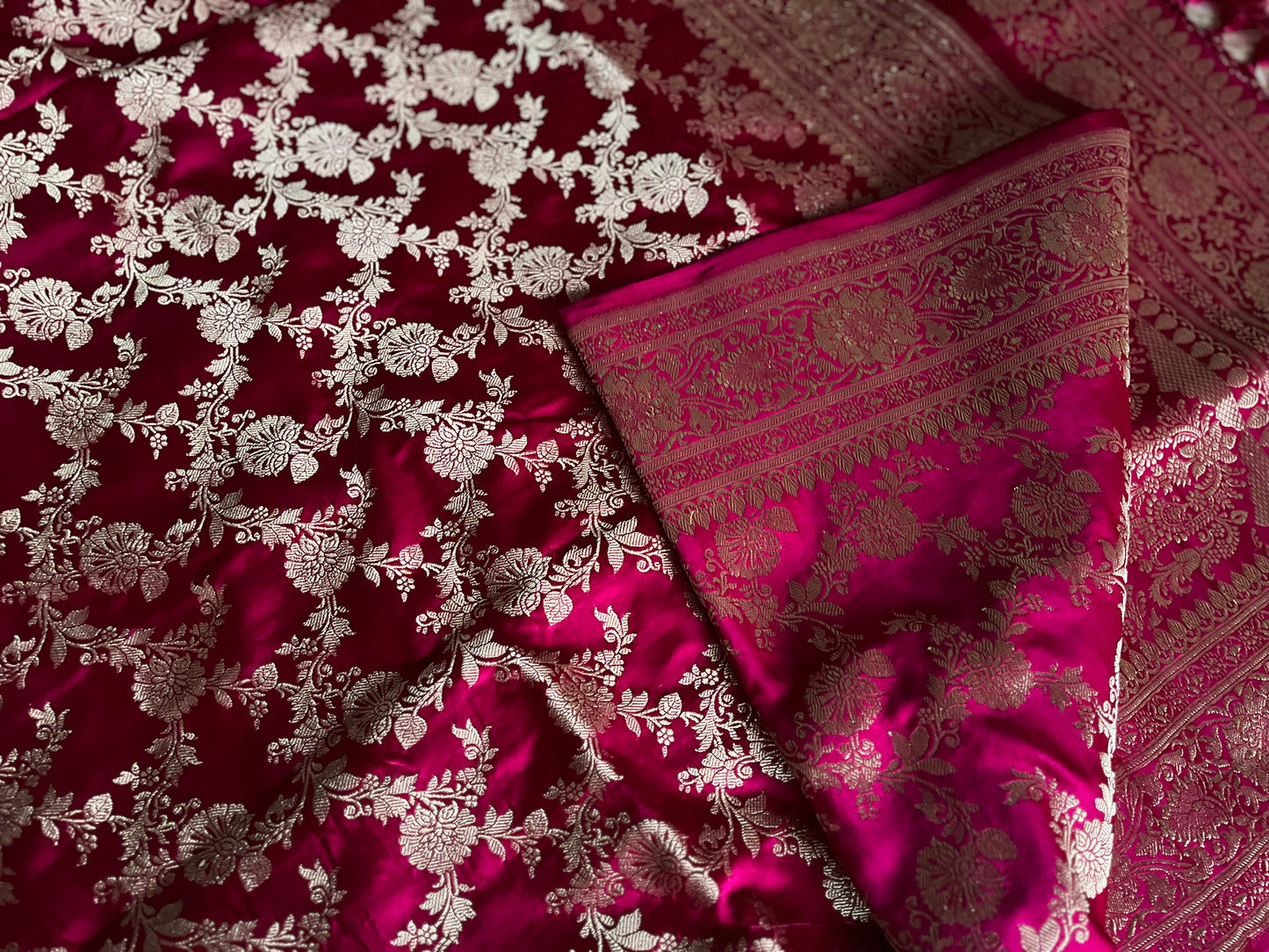 Sabyasachi Inspired Banarasi Pure Silk Satin Mashru Jangla saree | Wedding | Rani Pink Bridal| Handloom | Designer saree | Sattva Weaves Sari | USA (Copy)